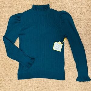 CeCe Mock Neck Puff Shoulder Teal Sweater, NWT